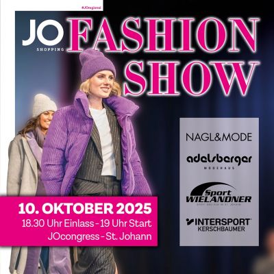 Ein Pflicht-Termin für alle Mode-Begeisterten:
Bei der großen JOregional Modeschau am Freitag, 10. Oktober um 18.30 im JOcongress zeigen Nagl&Mode, Adelsberger, Sport Wielandner...