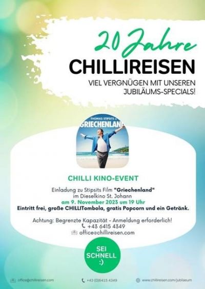 Chilli Reisen wird 20 Jahre und wartet mit tollen Aktivitäten auf Dich!
Wir gratulieren herzlichst!       ...